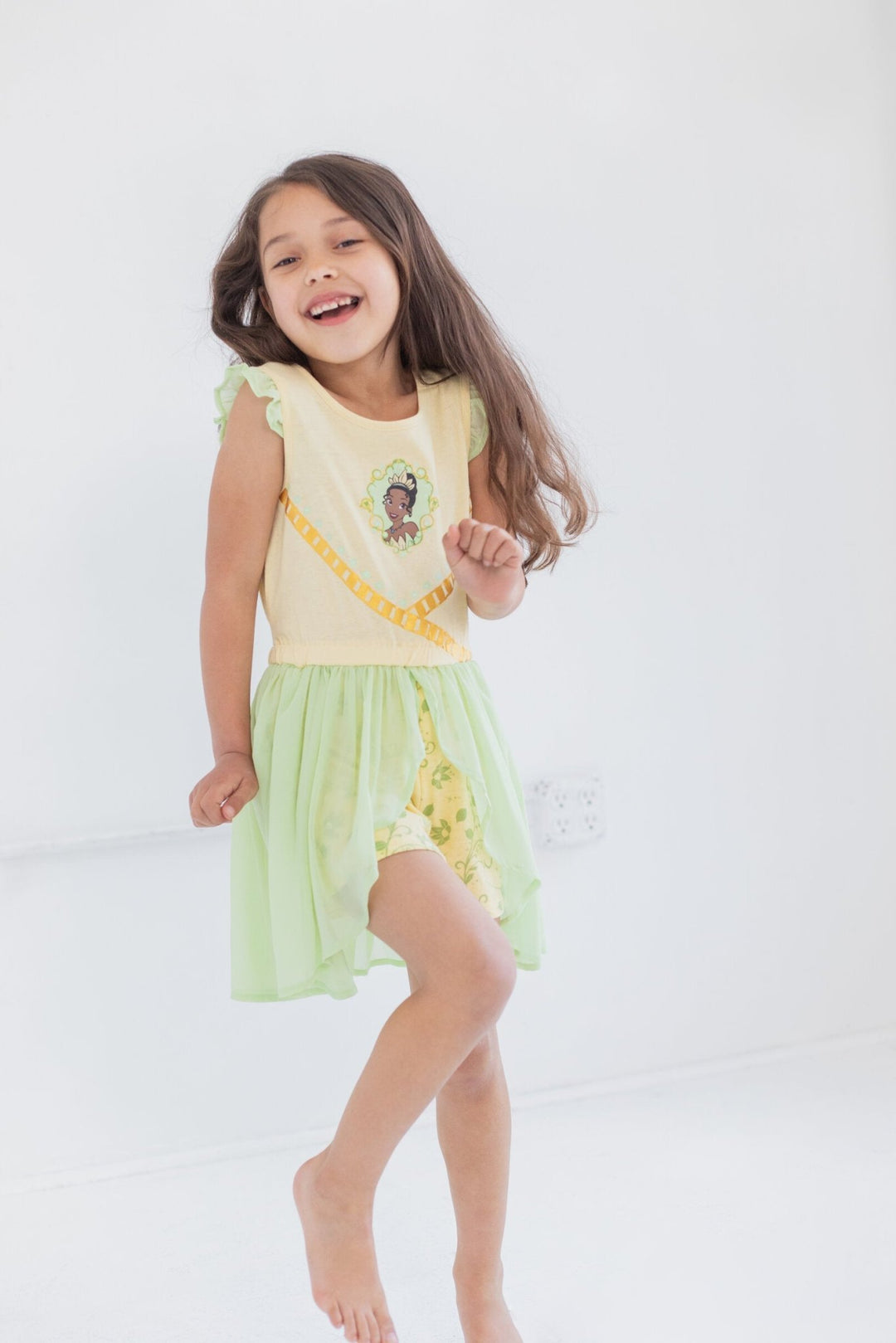 Disney Princess Tiana Metallic Print Romper With Skirt Overlay - imagikids