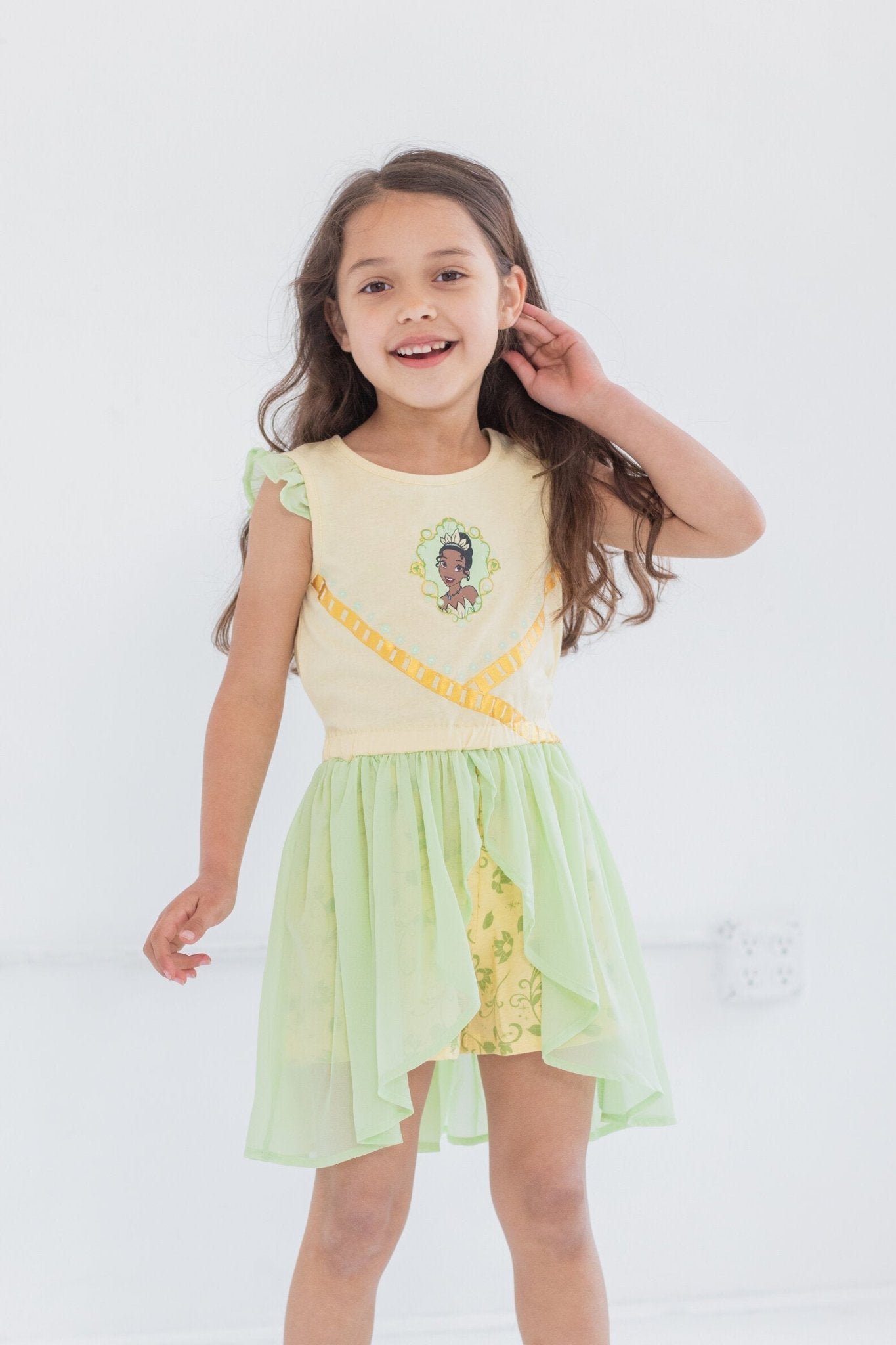 Disney Princess Tiana Metallic Print Romper With Skirt Overlay - imagikids