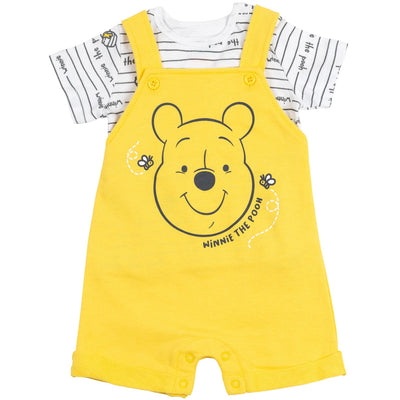 Disney Winnie the Pooh French Terry Short Overalls T-Shirt and Hat 3 Piece Outfit Set - imagikids