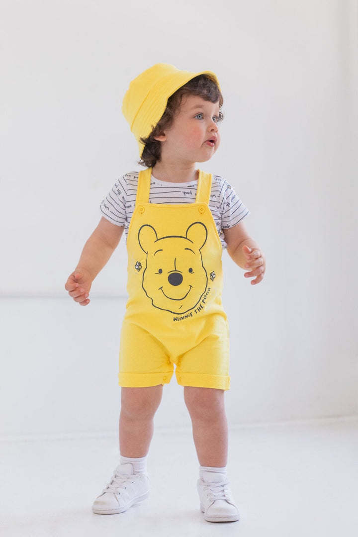 Disney Winnie the Pooh French Terry Short Overalls T-Shirt and Hat 3 Piece Outfit Set - imagikids