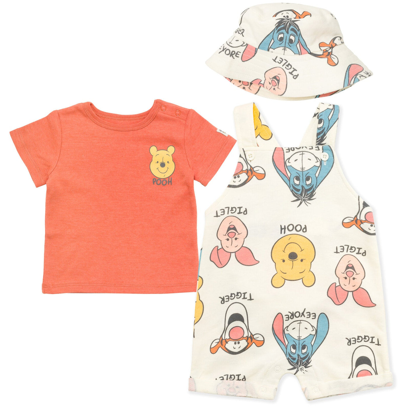 Disney Winnie the Pooh Short Overalls French Terry T-Shirt and Hat 3 Piece Outfit Set - imagikids