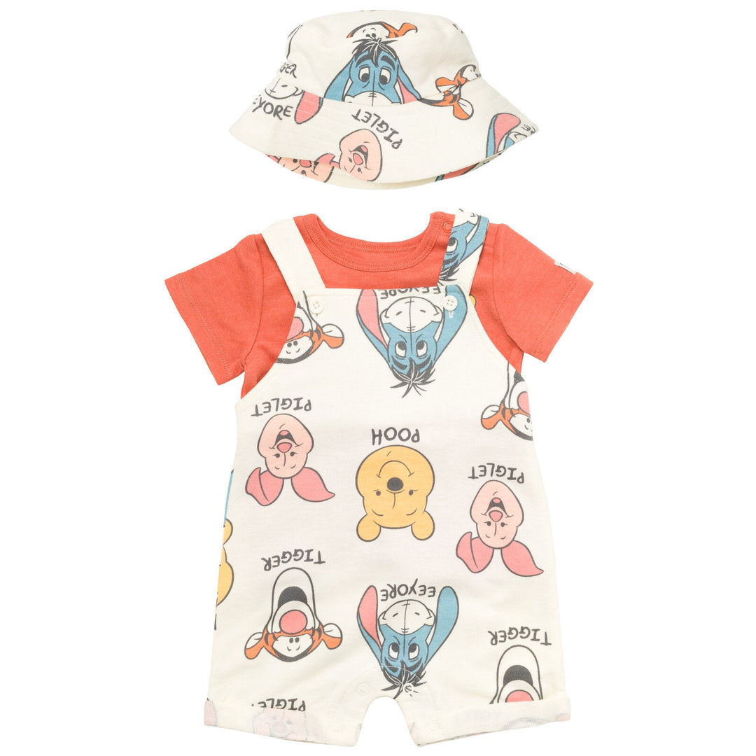 Disney Winnie the Pooh Short Overalls French Terry T-Shirt and Hat 3 Piece Outfit Set - imagikids