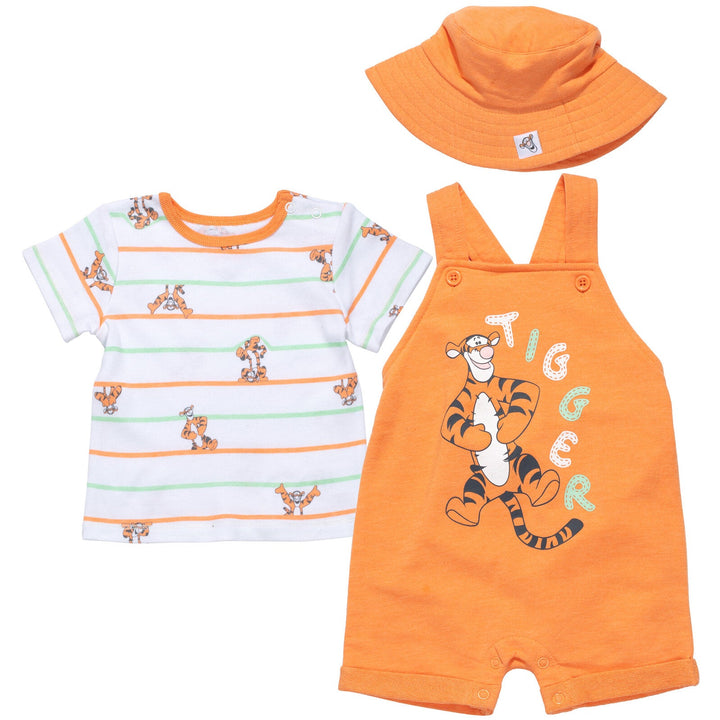 Disney Winnie the Pooh Tigger French Terry Short Overalls T-Shirt and Hat 3 Piece Outfit Set - imagikids