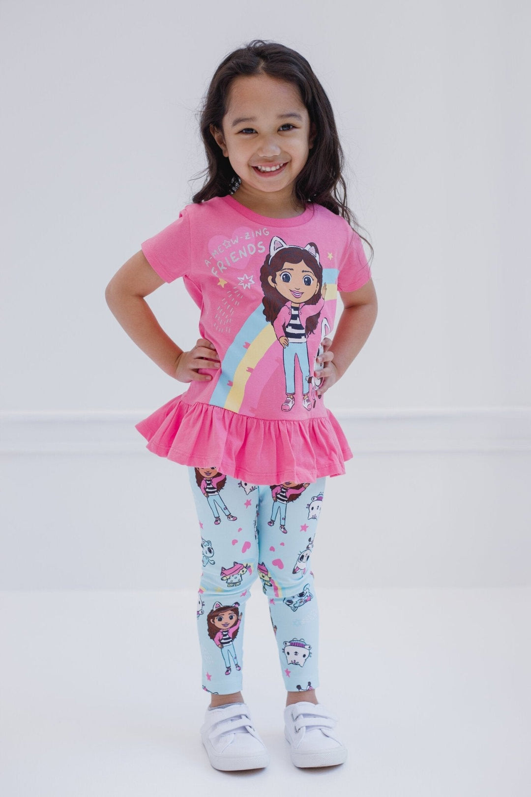 Dreamworks Gabby's Dollhouse Pandy Paws Baby Box Cakey Cat Girls Peplum T-Shirt and Leggings Outfit Set - imagikids