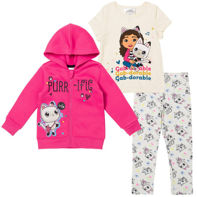 Dreamworks Gabby's Dollhouse Pandy Paws Zip Up Fleece Hoodie Graphic T-Shirt and Leggings 3 Piece Outfit Set - imagikids