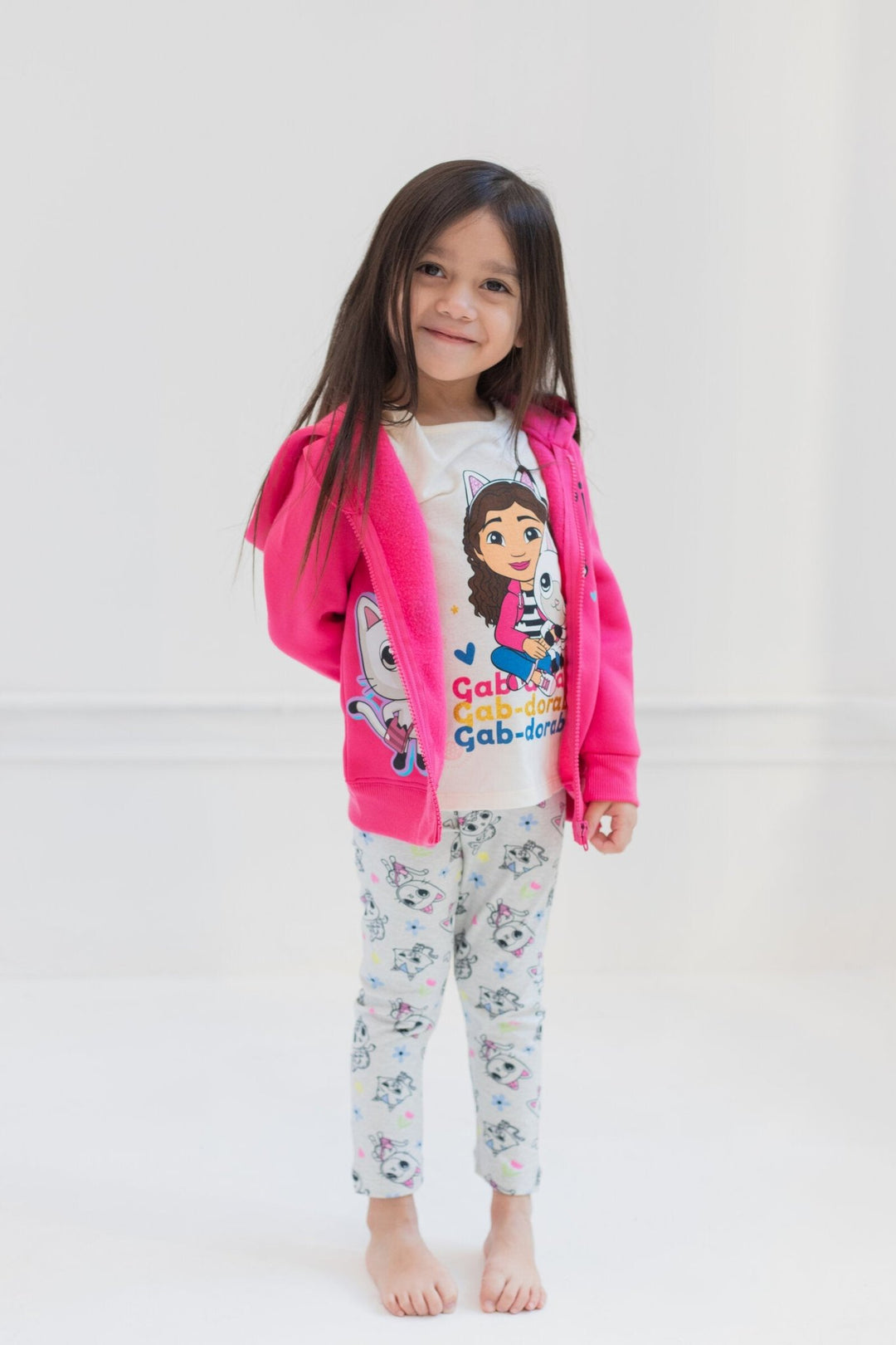 Dreamworks Gabby's Dollhouse Pandy Paws Zip Up Fleece Hoodie Graphic T-Shirt and Leggings 3 Piece Outfit Set - imagikids