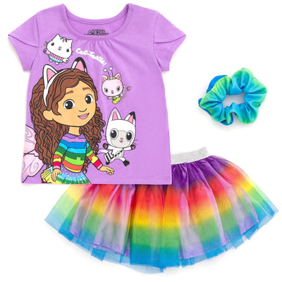 Dreamworks Gabby's Dollhouse T-Shirt Tulle Mesh Skirt and Scrunchie 3 Piece Outfit Set - imagikids