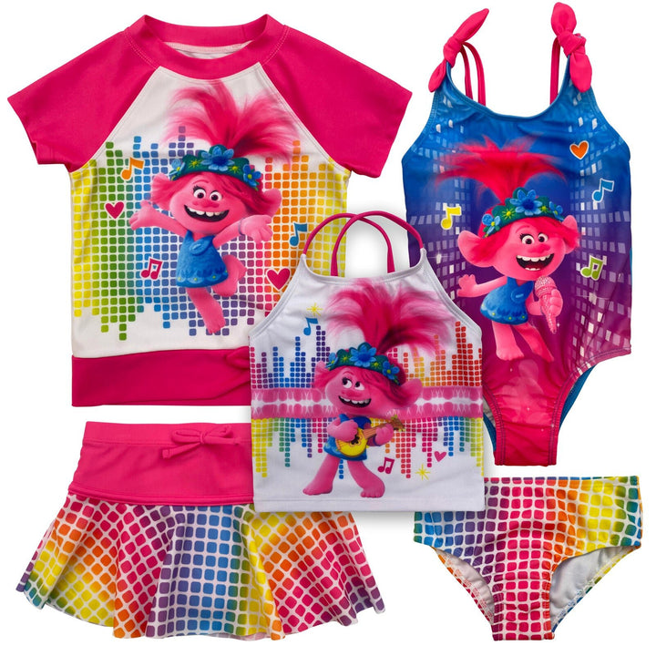 DreamWorks Trolls Poppy UPF 50+ One Piece Bathing Suit Rash Guard Tankini Top Skirt Bikini Bottom 5 Swimsuit Set - imagikids