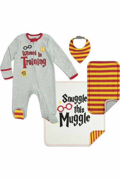 Harry Potter 4 Piece Outfit Set: Sleep N' Play Coverall Bib Blanket Burp Cloth - imagikids