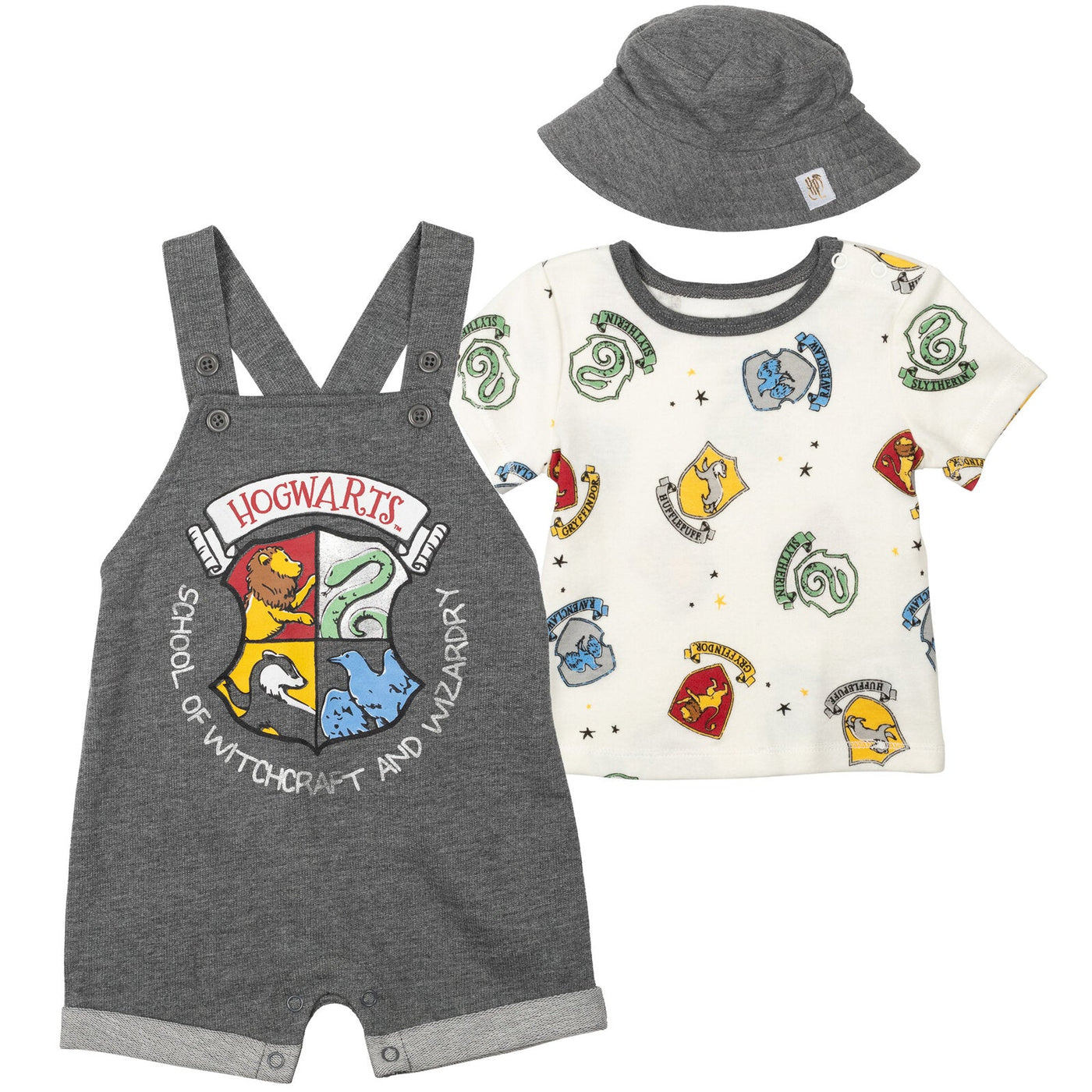 Harry Potter French Terry Short Overalls T-Shirt and Hat 3 Piece Outfit Set - imagikids