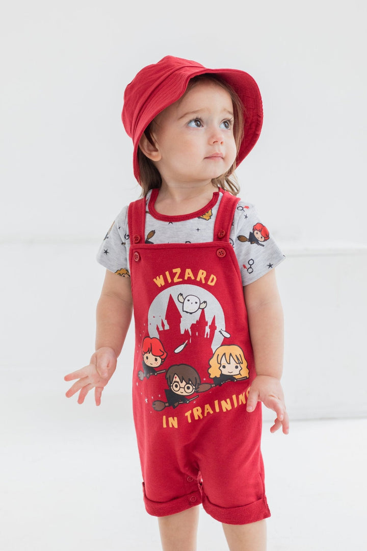 Harry Potter French Terry Short Overalls T-Shirt and Hat 3 Piece Outfit Set - imagikids