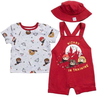 Harry Potter French Terry Short Overalls T-Shirt and Hat 3 Piece Outfit Set - imagikids