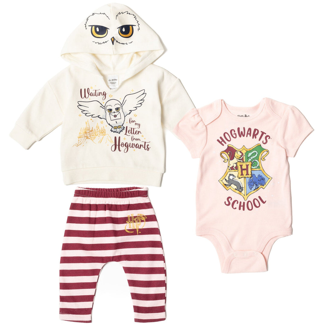 Harry Potter Hedwig Fleece Pullover Hoodie Bodysuit and Pants 3 Piece Outfit Set - imagikids