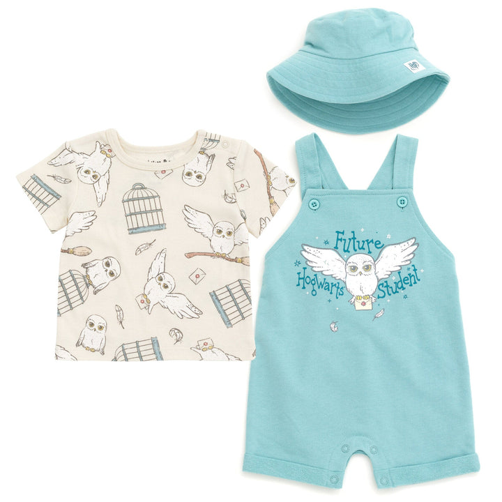 Harry Potter Hedwig French Terry Short Overalls T-Shirt and Hat 3 Piece Outfit Set - imagikids