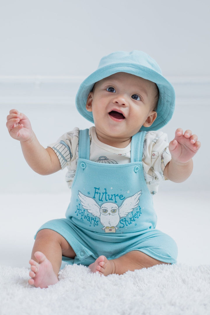 Harry Potter Hedwig French Terry Short Overalls T-Shirt and Hat 3 Piece Outfit Set - imagikids