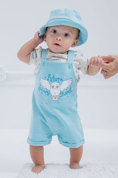 Harry Potter Hedwig French Terry Short Overalls T-Shirt and Hat 3 Piece Outfit Set - imagikids