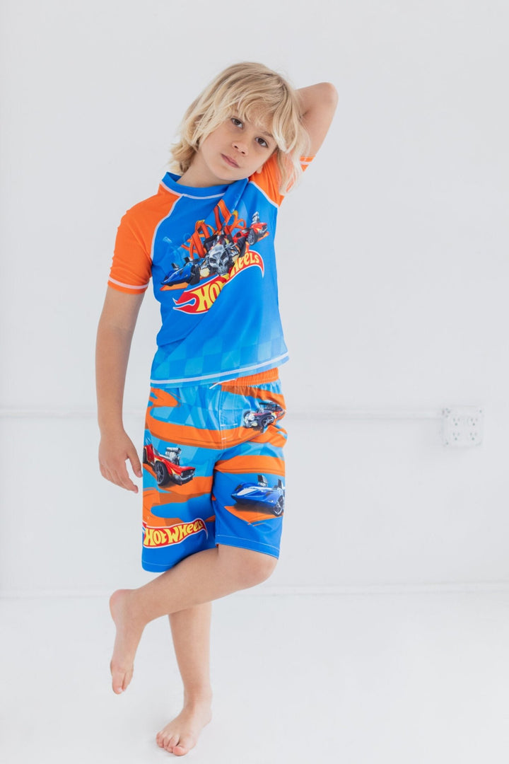 Hot Wheels UPF 50+ Pullover Rash Guard Swim Trunks Outfit Set - imagikids