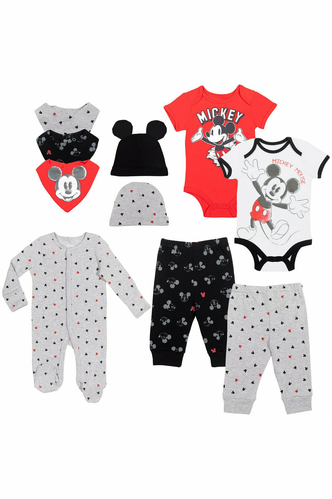 Mickey Mouse 5 Piece Outfit Set: Sleep N' Play Coverall Bodysuit Pants Bib Hat