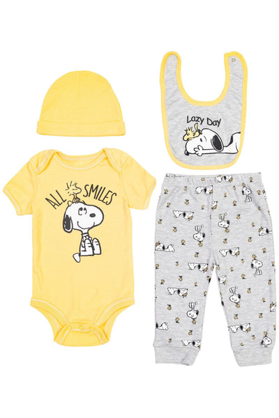 PEANUTS Snoopy Bodysuit Jogger Pants Bib and Hat 4 Piece Outfit Set